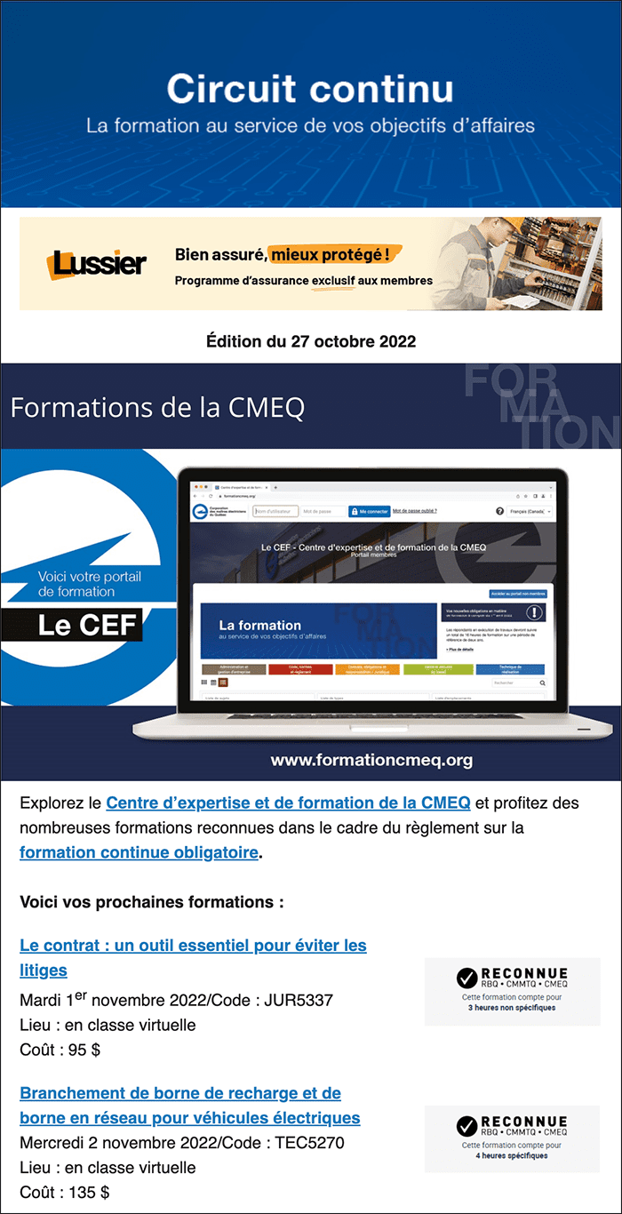 CMEQ Circuit continu training e-newsletter
